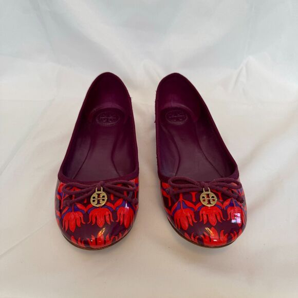 Tory Burch Purple and Red Patent Leather Floral Ballerina Flats Size 8.5 - Picture 4 of 7